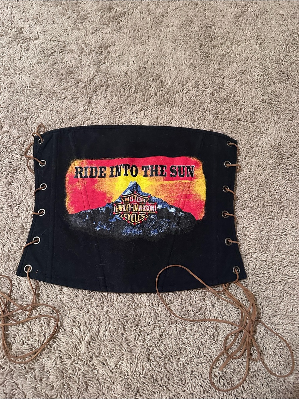 Harley-Davidson Black Corset Top with Red and Yellow Sunset Graphic